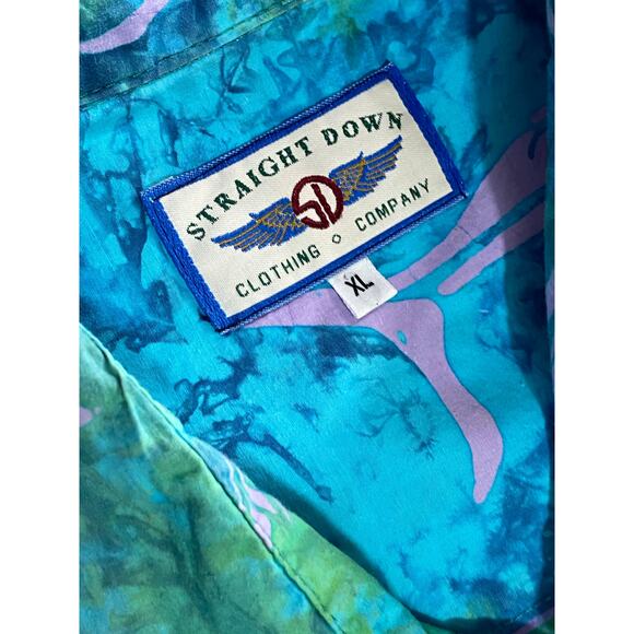 Vintage Straight Down Shirt Mens XL Green Blue Tie Dye Abstract Sword Fish - Picture 5 of 9